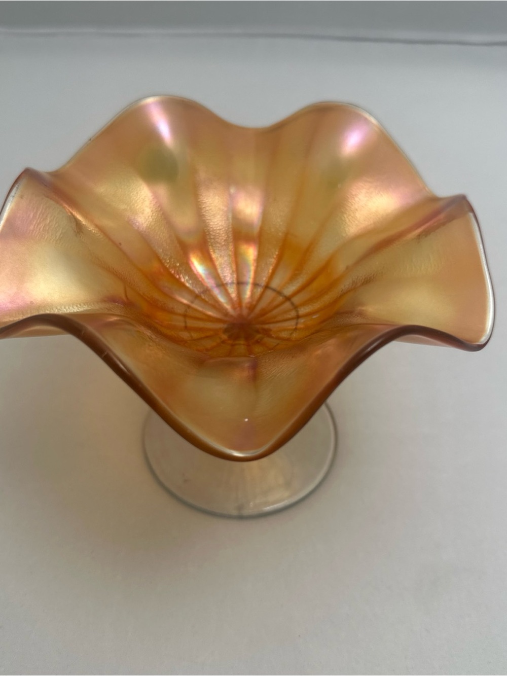 Fenton Iridescent Amber-Pink Ruffled Pedestal Bowl